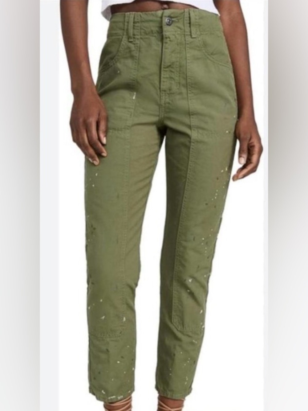 Veronica Beard Olive Green Cargo Pants with Paint-Splatter Detail
